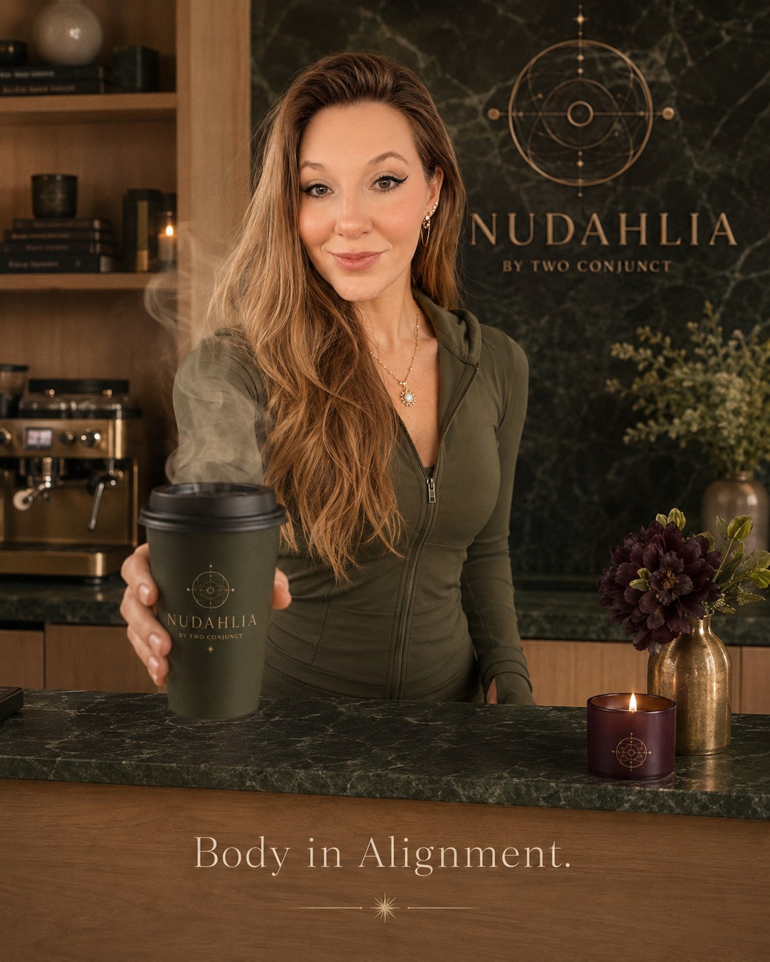 Nudahlia – Body in Alignment. Eine Person hält einen moosgrünen To-go-Cup